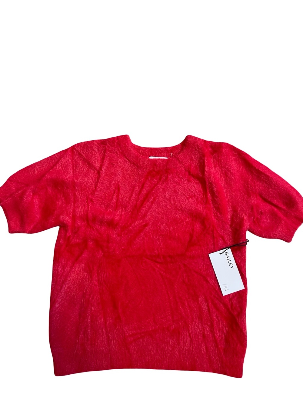 Bailey 44 Red Fuzzy Short Sleeve Crewneck Sweater Plush Knit Top size S NWT